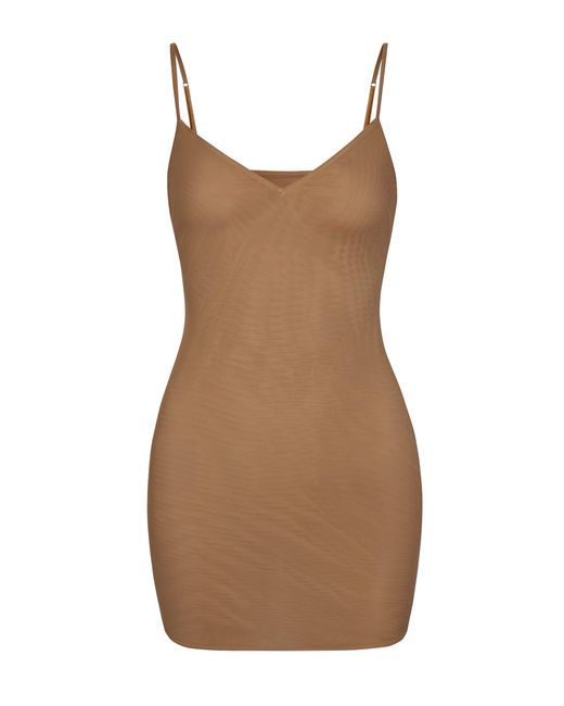 Oh Polly Brown Soft Mesh V-Neck Mini Slip Dress