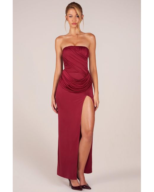 Oh Polly Red Bandeau Draped Thigh-High Maxi Dress