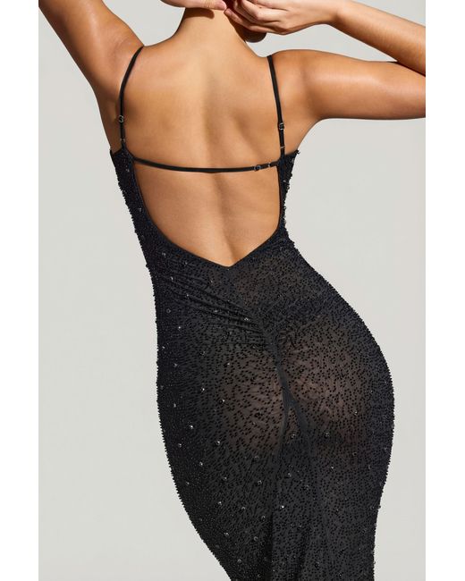 Oh Polly Black Embellished Plunge Neck Evening Gown