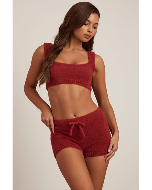 Oh Polly Red Fluffy Knit Mid-Rise Mini Shorts