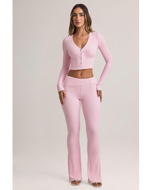 Oh Polly Pink Modal Foldover Mid-Rise Flared Trousers