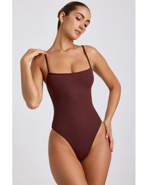 Oh Polly Brown Ribbed Modal Square Neck Bodysuit