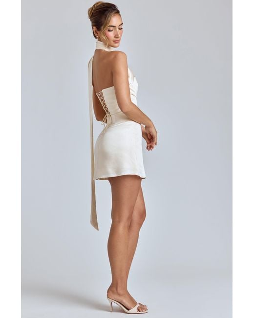 Oh Polly White Draped Halterneck Satin Mini Dress