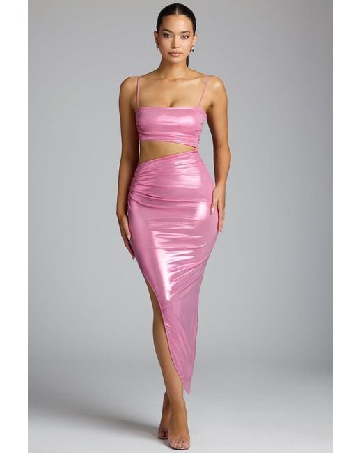 Oh Polly Pink Draped Metallic Jersey Maxi Dress