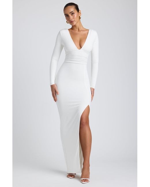 Oh Polly White Modal Plunge Neck Long Sleeve Maxi Dress