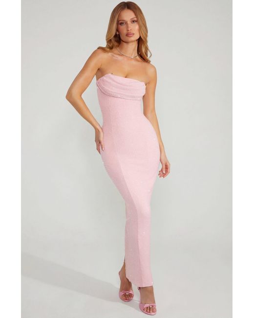 Oh Polly Pink Embellished Bandeau Cowl Neck Maxi Dress
