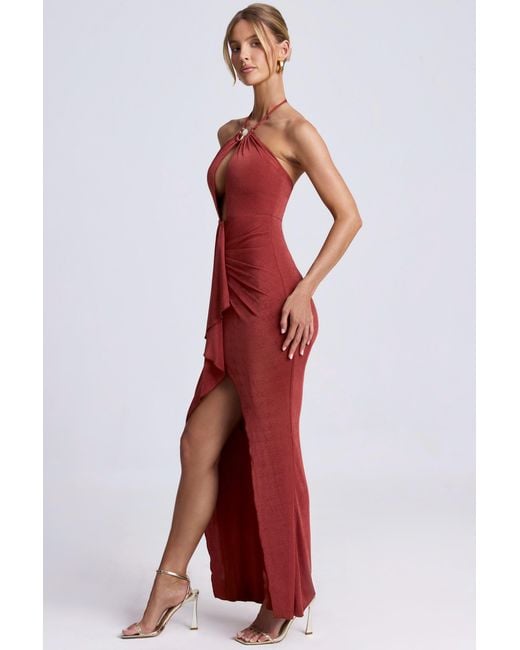 Oh Polly Brown Hardware Detail Cut-Out Halterneck Maxi Dress
