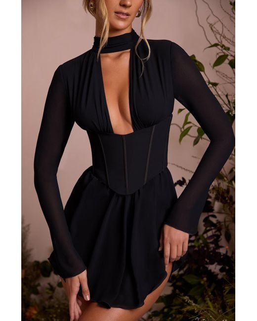 Oh Polly Black Long Sleeve Plunge Neck Mini Dress