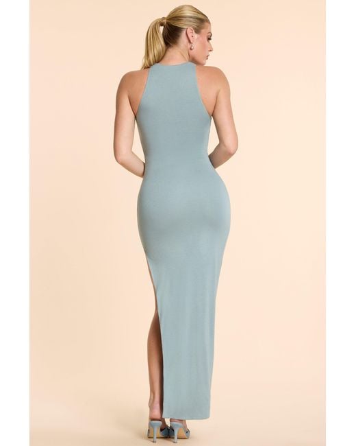 Oh Polly Blue High Neck Racerback Ruched Modal Cashmere Blend Maxi Dress
