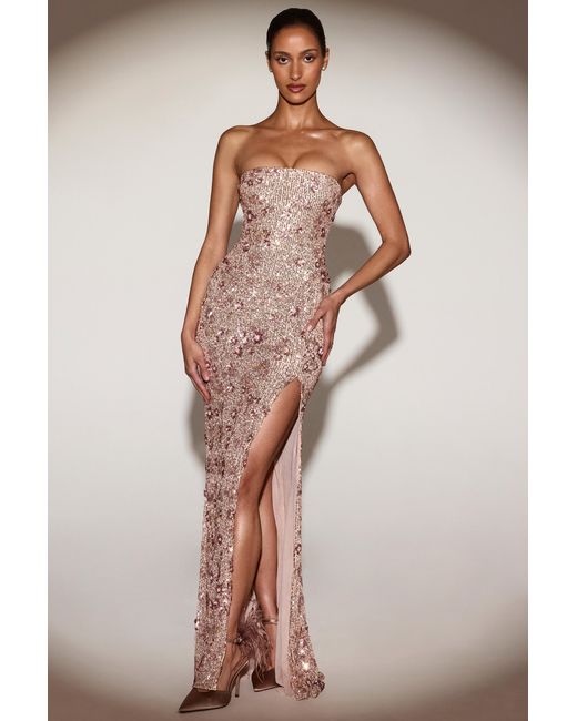 Oh Polly Natural Embellished Bandeau-Neck Strapless Gown