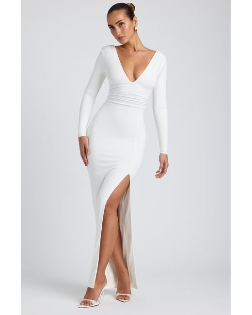 Women's White Modal Plunge Neck Long Sleeve Maxi Dress