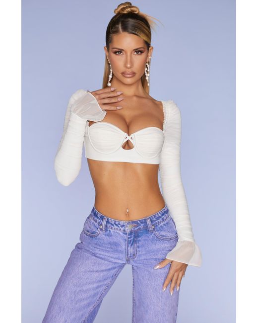 Oh Polly White Long Sleeve Ruched Crop Top