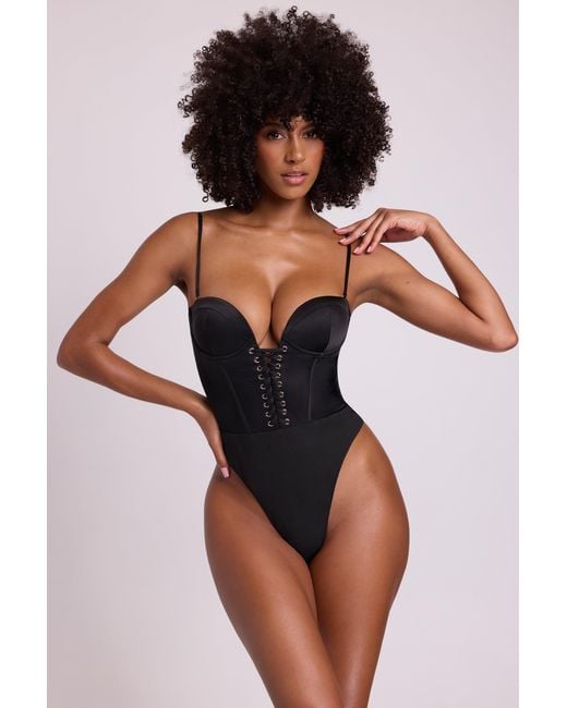 Oh Polly Black Satin Plunge Neck Lace Up Corset Bodysuit