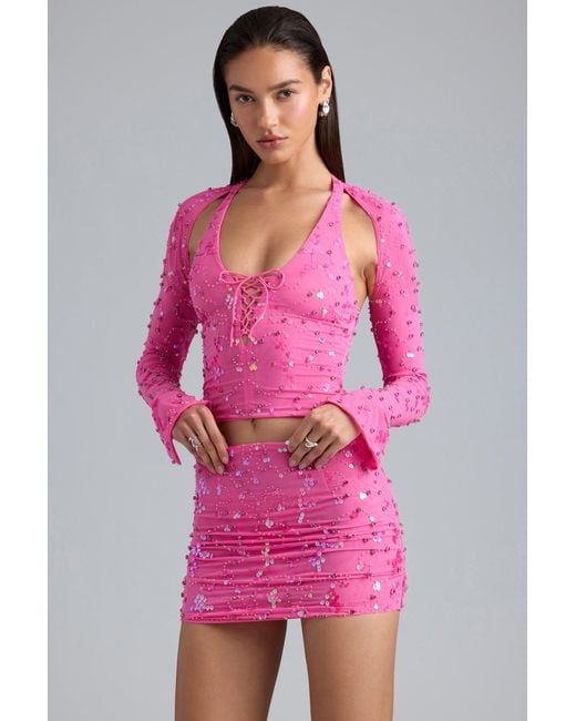 Oh Polly Pink Ruched Mid-Rise Micro Mini Skirt