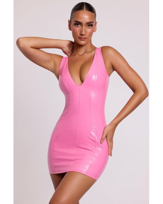 Women's Pink Vinyl Plunge Neck Bodycon Mini Dress