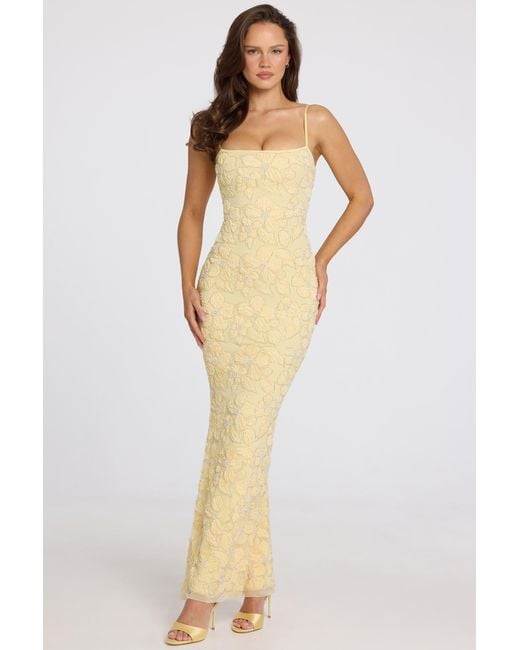Oh Polly Yellow Embellished Square-Neck Maxi Dress