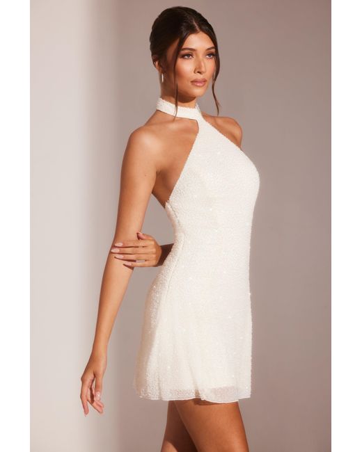 Oh Polly White Embellished Asymmetric Neck A-Line Mini Dress