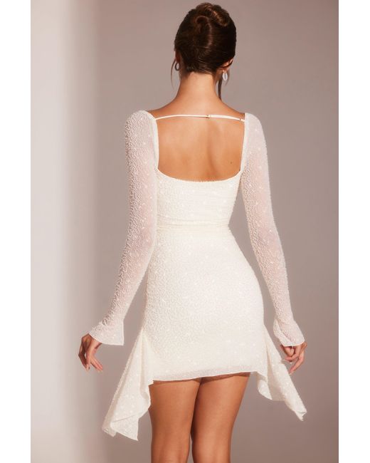 Oh Polly White Long Sleeve Embellished Cowl Neck Mini Dress