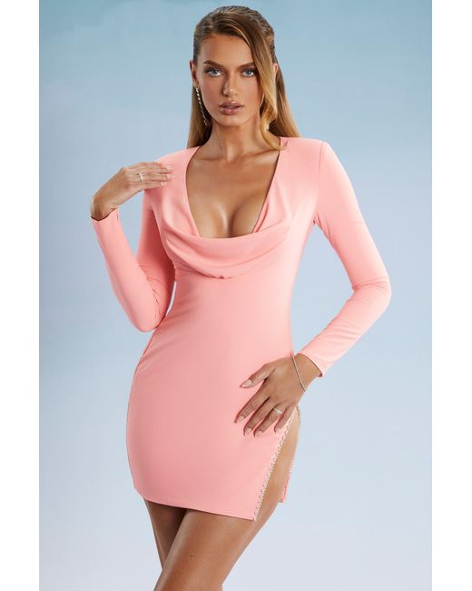 Oh Polly Pink Cowl Neck Thigh Split Mini Dress