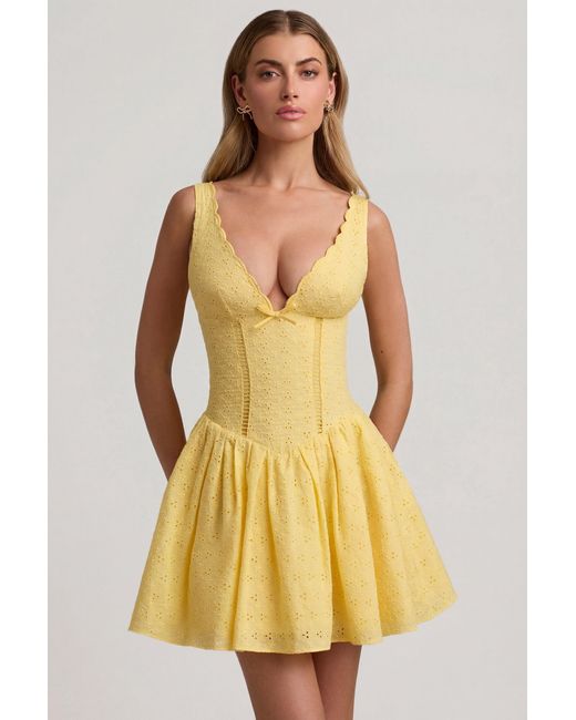 Oh Polly Yellow Broderie Anglaise Bow-Detail A-Line Mini Dress