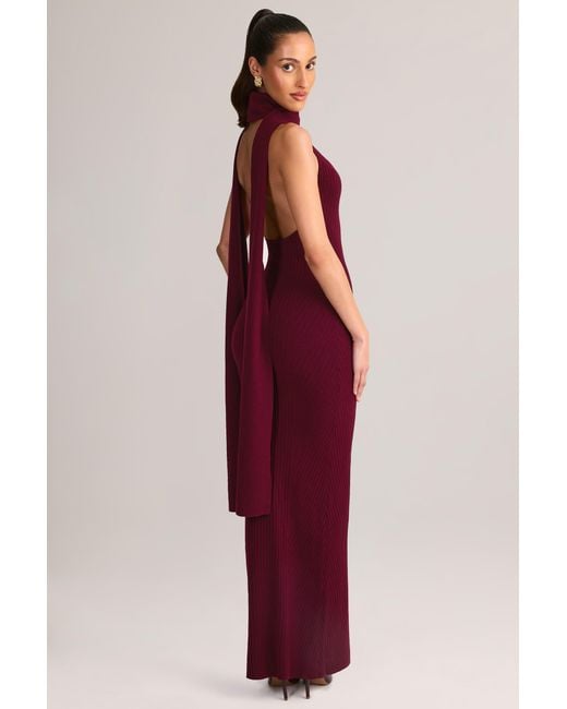 Oh Polly Red Rib-Knit Scarf-Detail Halterneck Maxi Dress