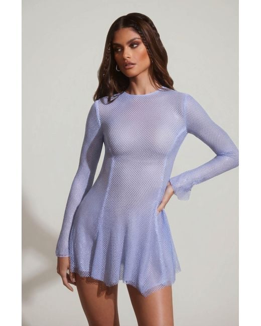 Oh Polly Blue Embellished Long Sleeve Backless Mini Dress