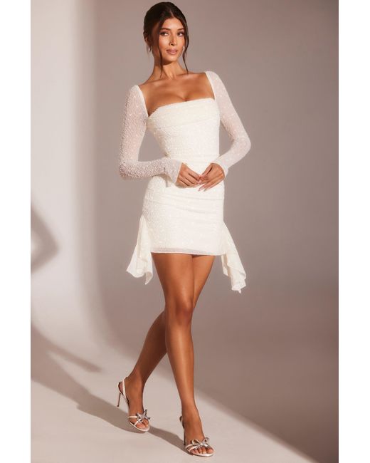 Oh Polly White Long Sleeve Embellished Cowl Neck Mini Dress