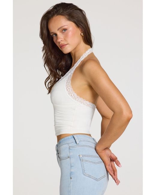 Oh Polly White Modal Lace-Trim Halterneck Top