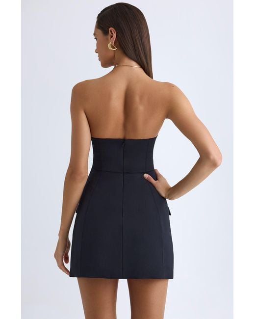 bandeau structured tulip mini dress in black PrettyLittleThing Women's Premium Woven Tulip Skirt Bandeau Mini Dress in Black