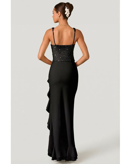 Oh Polly Black Embellished Ruffle-Trim Corset Gown