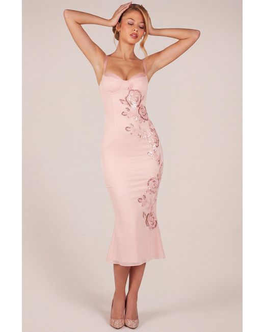 Oh Polly Pink Embellished Peekaboo Fluted-Hem Midaxi Dress