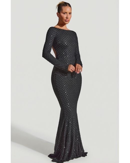 Oh Polly Black Embellished Open-Back Gown