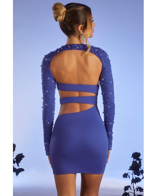 Oh Polly Blue Embellished Long Sleeve Cut Out Mini Dress