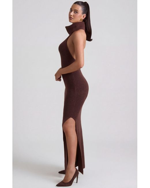 Oh Polly Brown Ribbed-Knit Turtleneck Backless Maxi Dress