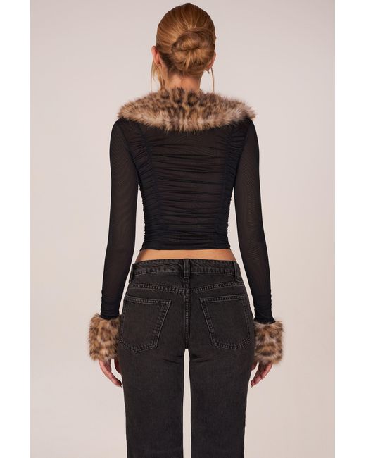 Oh Polly Black Faux Fur-Trim Sheer Mesh Cardigan
