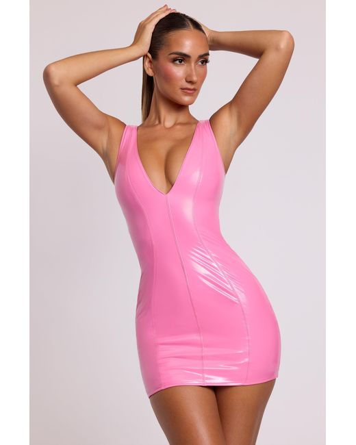 Oh Polly Pink Vinyl Plunge Neck Bodycon Mini Dress
