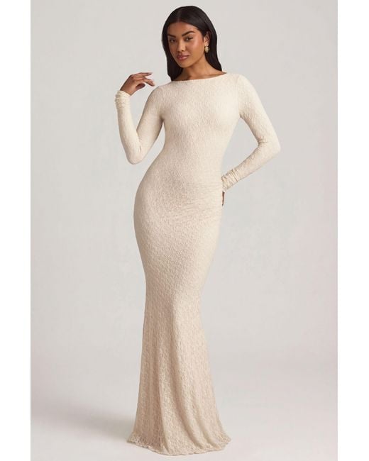 Oh Polly White Ruched Backless Lace Maxi Dress