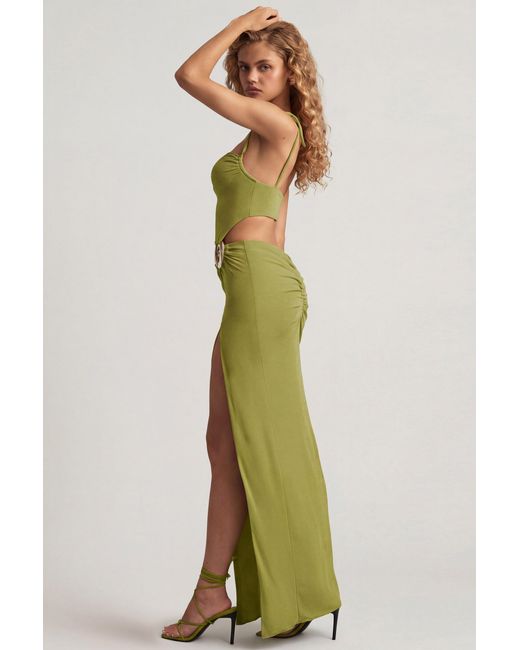 Oh Polly Green Textured Jersey Asymmetric Maxi Dress