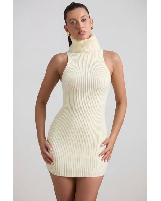 Oh Polly Yellow Ribbed-Knit Turtleneck Mini Dress
