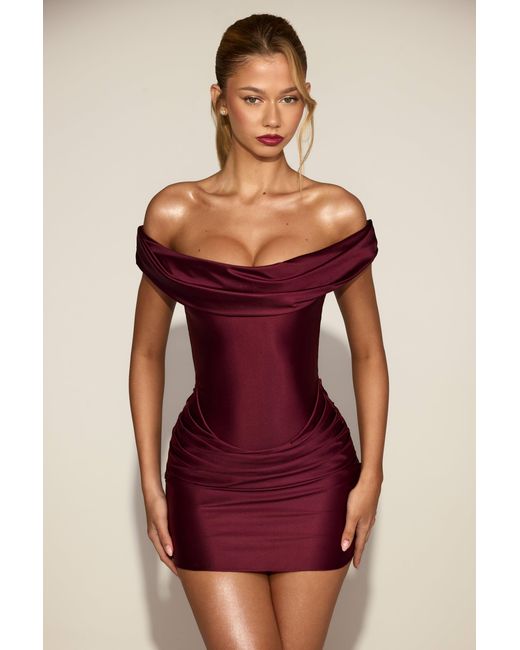 Oh Polly Red Satin Off-Shoulder Draped Mini Dress