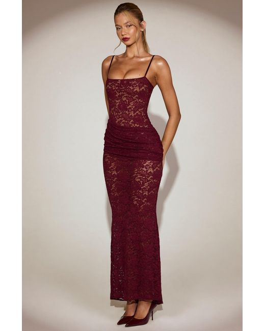 Oh Polly Red Sheer Lace Square-Neck Ruched Gown