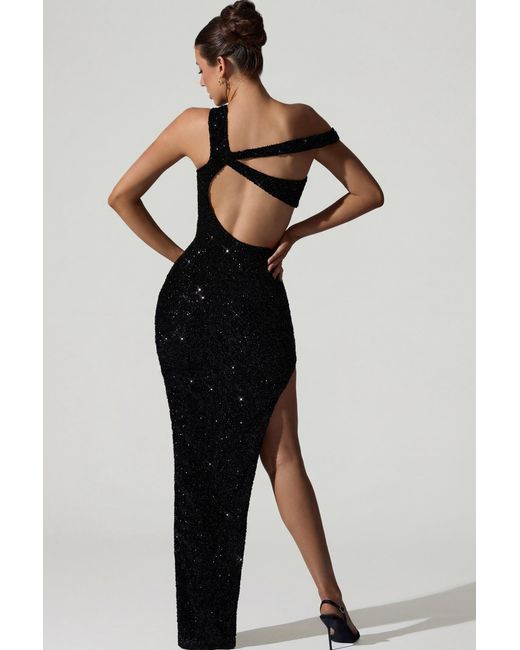 Oh Polly Black Embellished Asymmetric Cut-Out Gown
