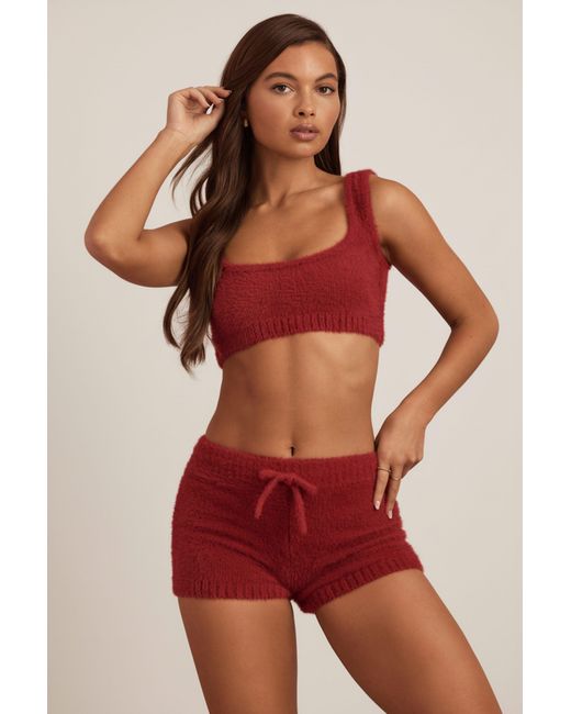 Oh Polly Red Fluffy Knit Mid-Rise Mini Shorts
