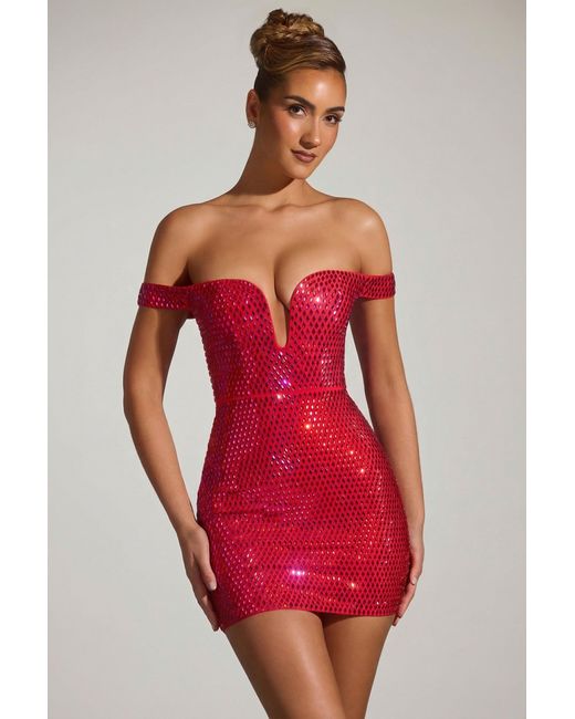 Oh Polly Red Embellished Off-Shoulder Mini Dress