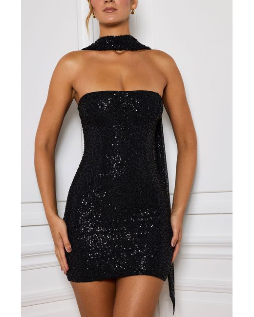 Oh Polly Black Embellished Scarf-Detail Mini Dress