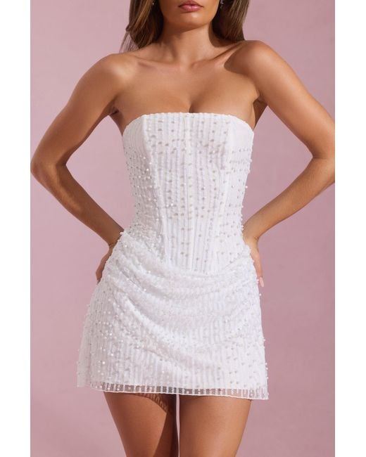Oh Polly White Embellished Draped Strapless A-Line Mini Dress