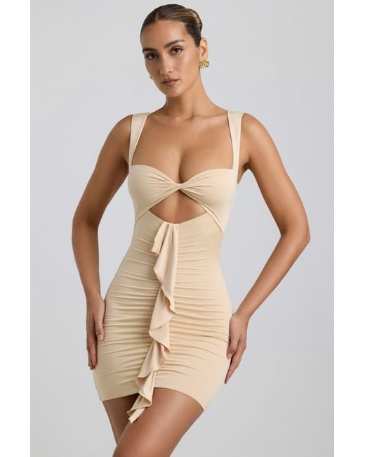 Oh Polly White Slinky Jersey Cut-Out Ruffle-Trim Mini Dress