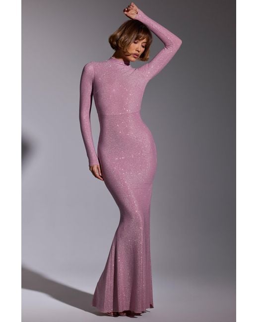 Oh Polly Pink Embellished Long Sleeve Evening Gown