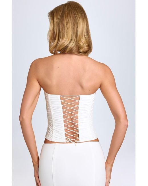 Oh Polly White Ruched Lace-Up Corset Top