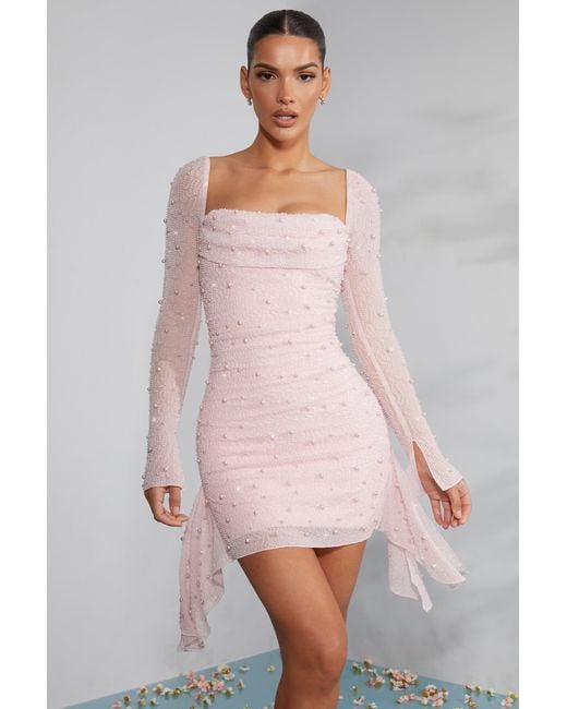 Oh Polly Pink Long Sleeve Embellished Cowl Neck Mini Dress